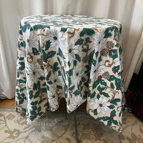 Vintage Christmas floral oval tablecloth pinecones poinsettia holly table decor - Picture 2 of 7